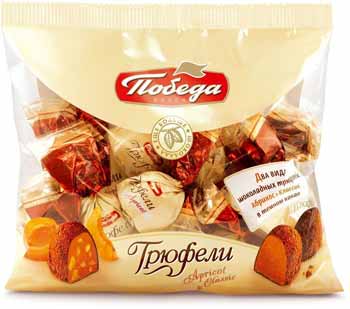 АССОРТИ конфет ПОБЕДА, шоколадные трюфели (2 вида, кусочки абрикоса, классика в темном какао) (550M-